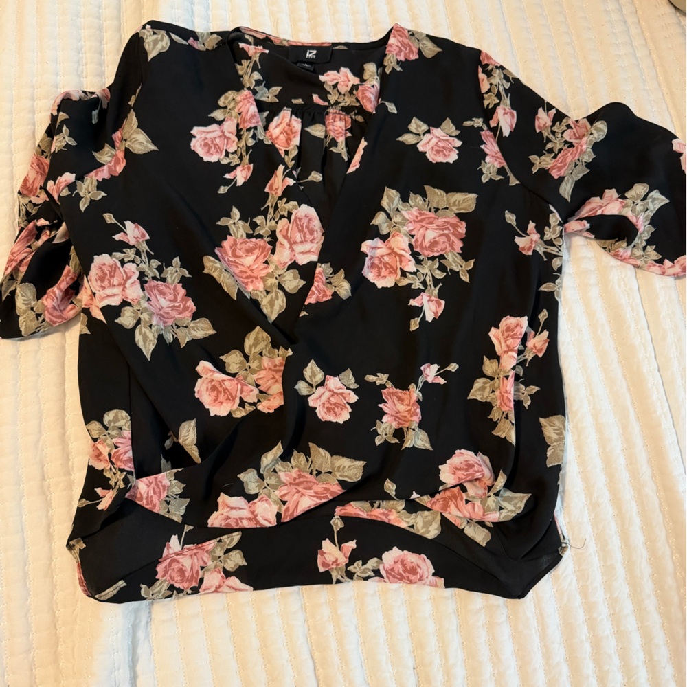 Iz Byer Black Floral Wrap-Style Blouse with Pink Roses